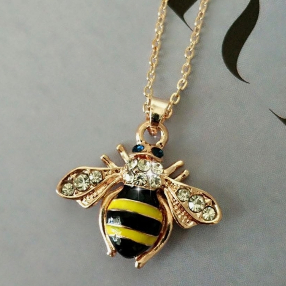 Crystal Yellow Bee Colored Glaze Drip Honey Bee Little Bumblebee Necklace